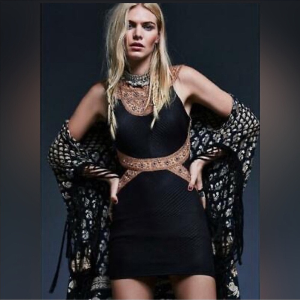 NWT Free People Nefertiti Bodycon Sleeveless Mini Dress Black Mirrors Egyptian M